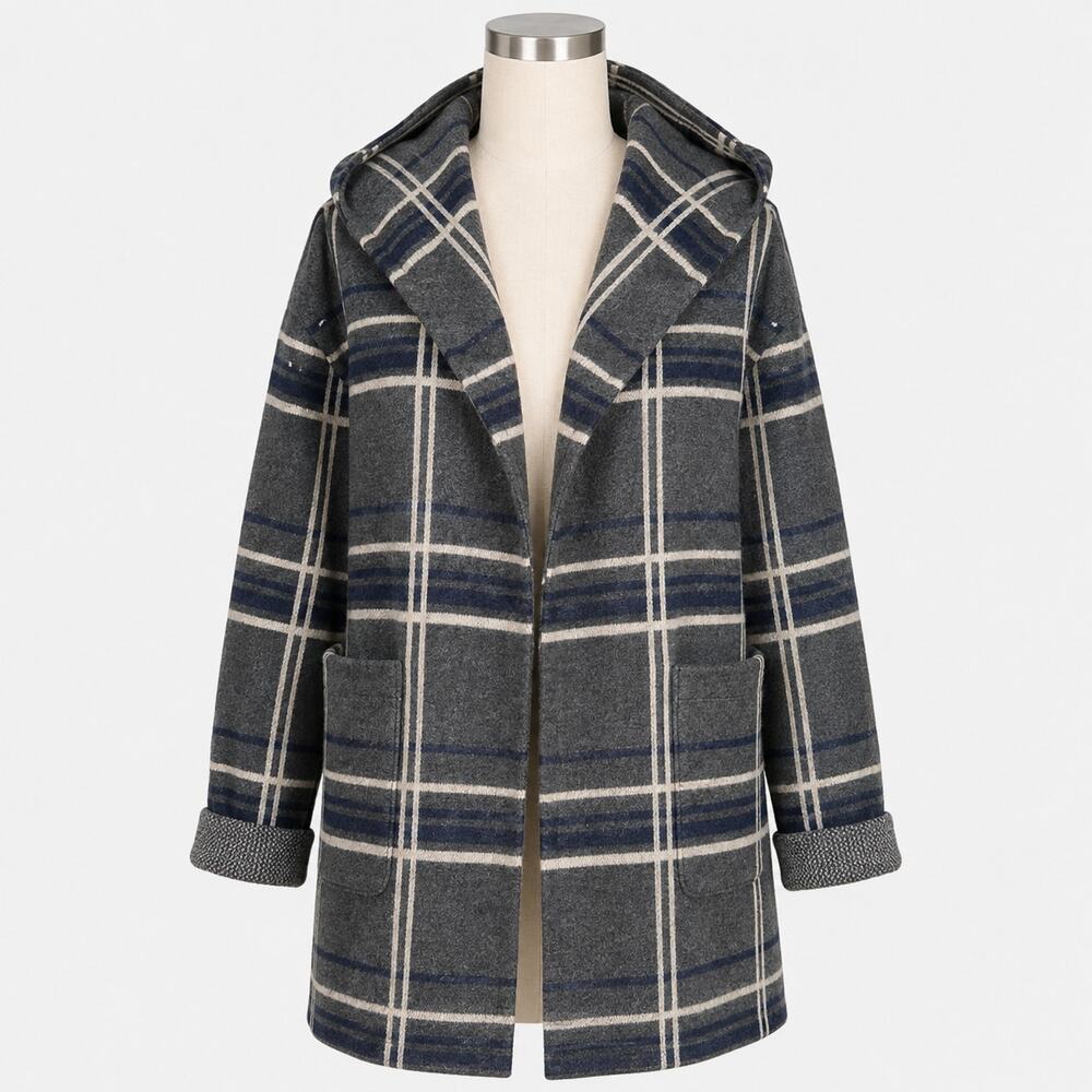 Anthropologie Field Flower Gray Plaid Wool Open Front Coat Women's Medium Hooded